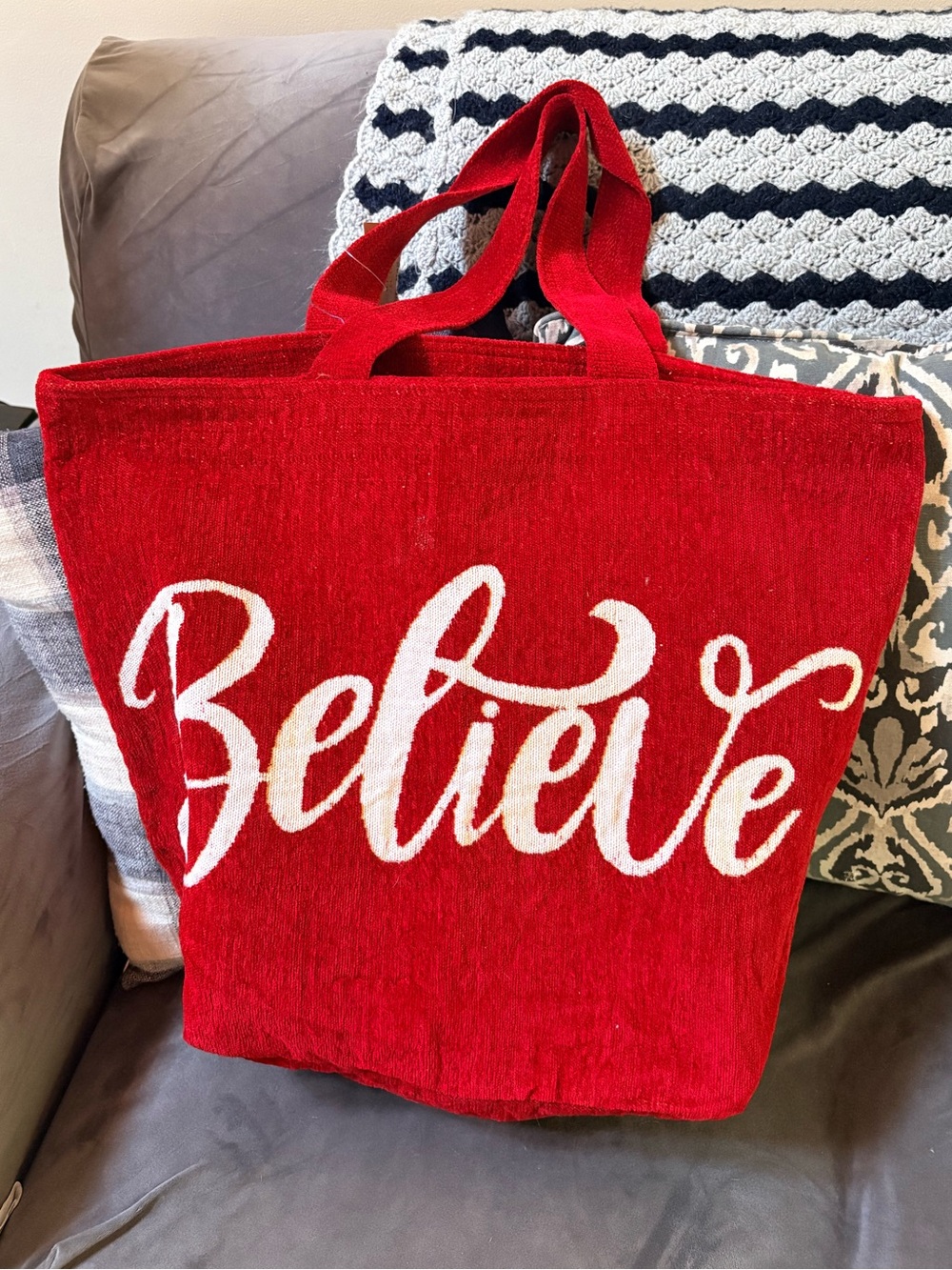 Red Chenille 'Believe' Tote Bag - Casual Everyday Carry
